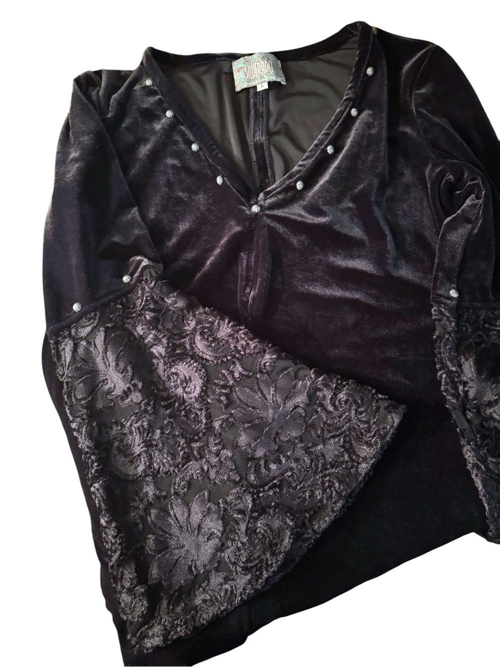 SILVERADO Dreame Black Sunflower Velvet Concho Trim Large Lace Bell Sleeve Sz L